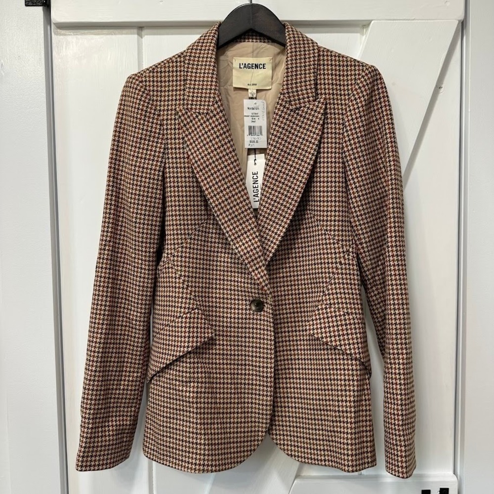 L'AGENCE Womens Blazer Size 4 Burgundy Houndstooth Tailored Wool Blend Fall NEW